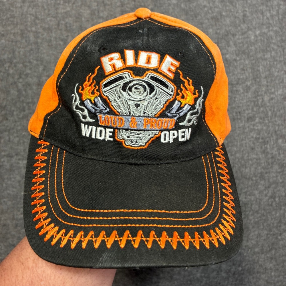 Biker Hat CSI‎ Brand Mens Orange Black Ride Loud Proud Wide Open Embroidered